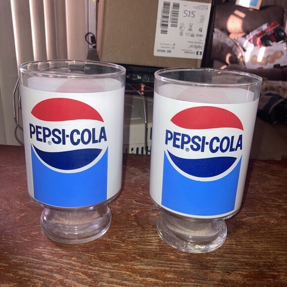 Vintage Retro Pepsi Cola Large Pedestal 32oz Drinking Tumbler Glass Set Of 2 - Picture 1 of 5